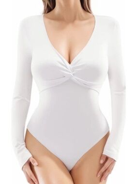 MANGOPOP long sleeve v neck bodysuit featuring a twisted knot detail at the bust